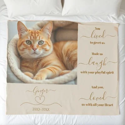 This ultra-soft Sherpa pet memorial blanket features a touching tribute and can be personalized with your pet’s photo, name, and dates, offering warmth, comfort, and a beautiful way to honor their memory.