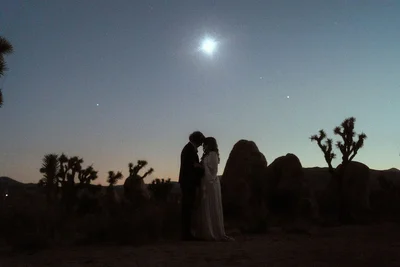 A bride and groom sharing a romantic kiss in Joshua Tree at dusk, surrounded by desert plants and rocks under a starry sky.