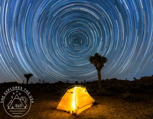 Joshua Tree Star Trail with yellow tent