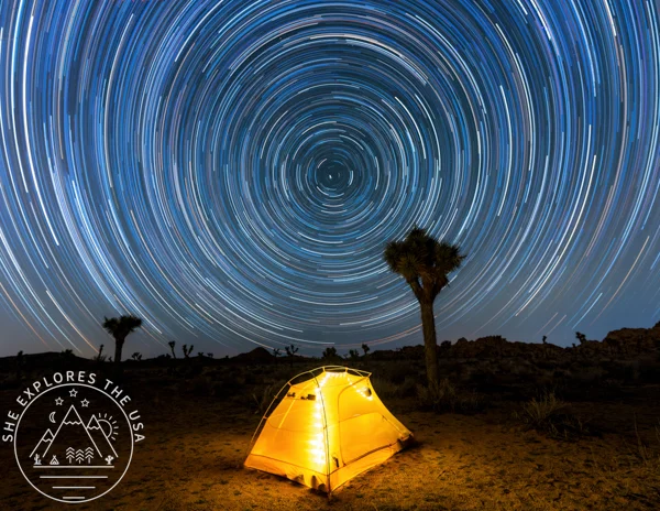 Joshua Tree Star Trail with yellow tent