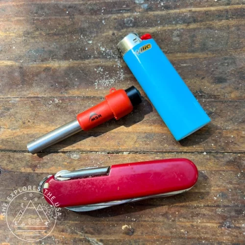 MSR igniter, bic lighter and victorinox Swiss Army Knife