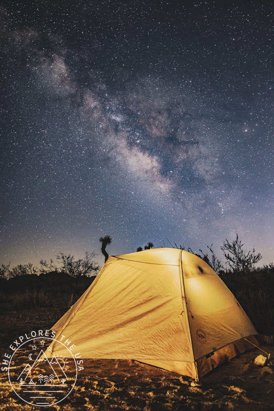 Joshua Tree National Park milky way with a yellow tent in the foreground
