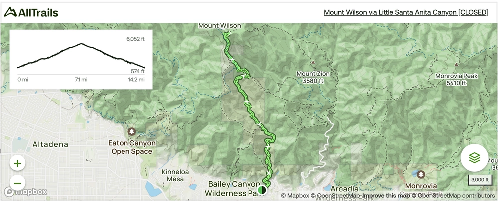 Mt Wilson from Sierra Madre Trail Map (closed indefinitely until further notice)