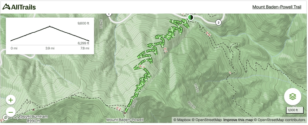 Mt Baden Powell from Vincent Gap Trail Map