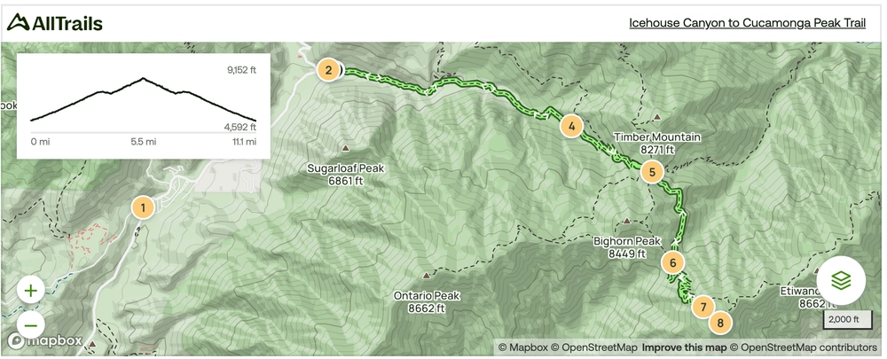 Cucamonga Peak via Icehouse Canyon trail map