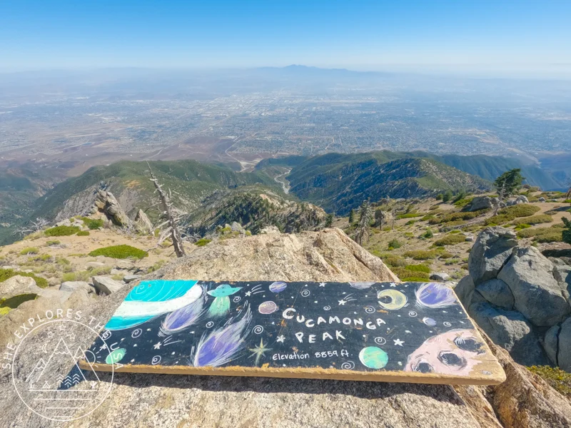 cucamonga peak view with wooden sign