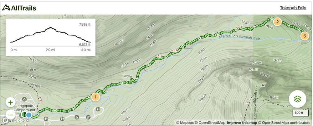 Tokopah Falls Trail Map
