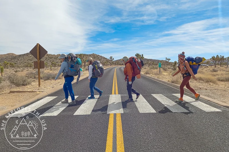 4 backpackers crossing a road reminiscent of the Beatles
