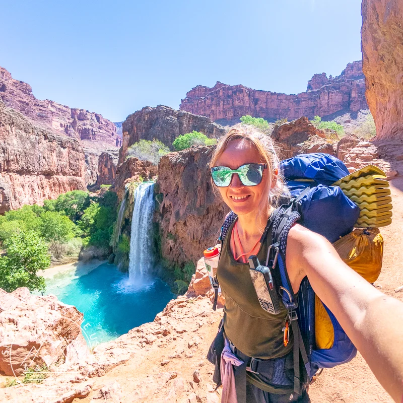 Author at Havasu Falls with the Eja 58L Osprey Backpack