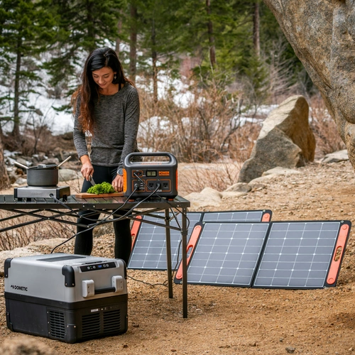 A woman preparing food at an outdoor camping table using the Jackery Explorer 1000 v2 portable power station alongside solar panels and a Dometic 12V portable refrigerator.