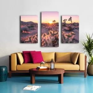 Joshua Tree Art: Sunset Canvas Triptych with Cholla Cactus (54x36")