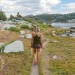 Labor Day Sale 2025 - a female hiker hikes along thousand island lake in the Sierra on labor day weekend