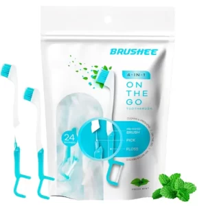 Brushee - The Evolution of Oral Care 4-in-1 Tool (Paste Brush Floss Pick) Individually Wrapped Disposable Prepasted Travel Toothbrushes Small Adult Toothbrush - (24-Pack) Trail Health + Nutrition