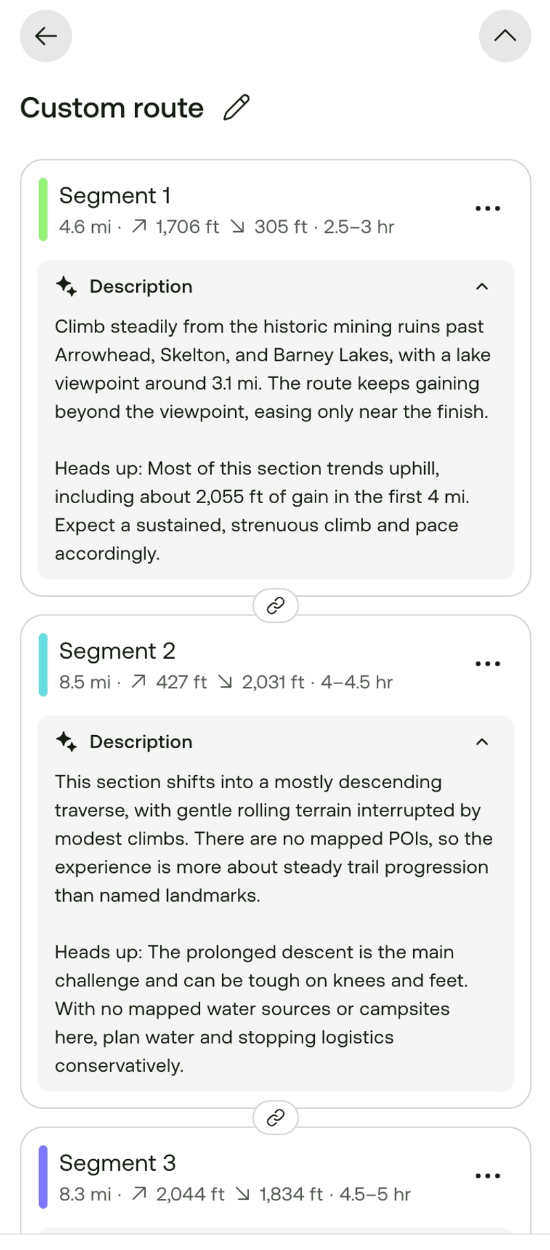 AllTrails Backpacking Routes with AI Assistant - segment details