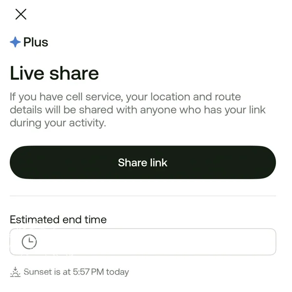 Screenshot of AllTrails Plus feature: Live share