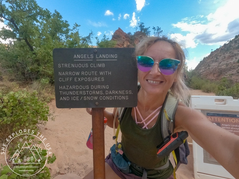 author with the angels landing trail sign