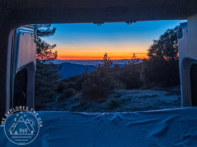 outdoorsy van rental review - view from inside the van by twilight