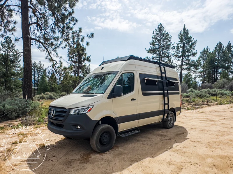 outdoorsy van rental review - sprinter 144 parked on dirt