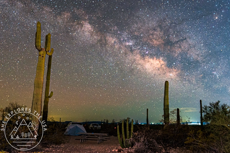 The Milky Way stretching across the night sky above Twin Peaks Campground at Organ Pipe Cactus National Monument, with saguaro cacti and a tent visible in the foreground.
