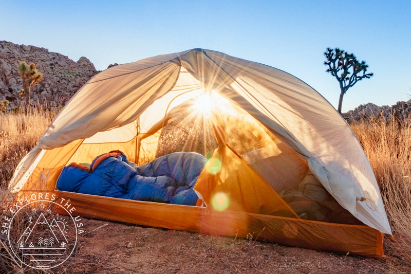 REI Anniversary Sale 2026 with Best Deals on Outdoor Gear. A camping tent pitched in a desert landscape during a golden hour sunrise, featuring a blue sleeping bag inside and a Joshua tree in the background.