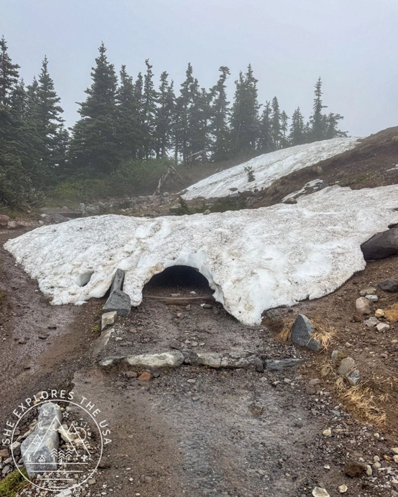 Snow bridge on the trail in late June