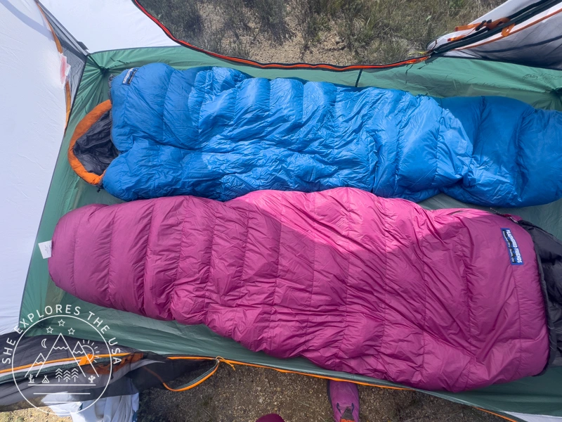 Feathered Friends Lark 10 UL (in cerulean) and Petrel 10 Ul (in magenta) in a tent