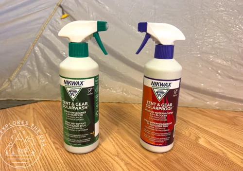 Nikwax Tent and Gear SolarWash and SolarProof bottles used for tent maintenance (Sticky Tent Rainfly Fix: Using Nikwax to Reproof Your Tent)
