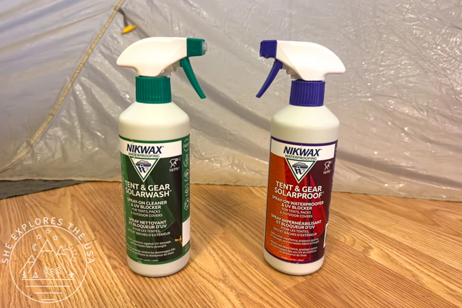 Nikwax Tent and Gear SolarWash and SolarProof bottles used for tent maintenance (Sticky Tent Rainfly Fix: Using Nikwax to Reproof Your Tent)