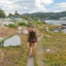 Labor Day Sale 2025 - a female hiker hikes along thousand island lake in the Sierra on labor day weekend